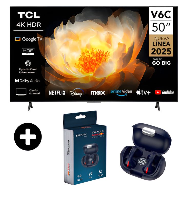 TELEVISOR 50 PULGADAS SMART TV UHD 4K GOOGLE TV 50V6C + AUDIFONOS ORACLE REDBUL EB 170 (COMBO)