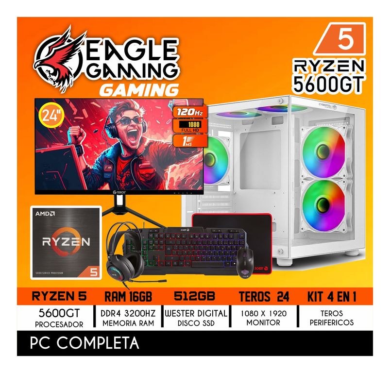 Computadora PC GAMER RYZEN 5 5600GT RAM 16GB SSD 512GB PANTALLA 24" FULL HD