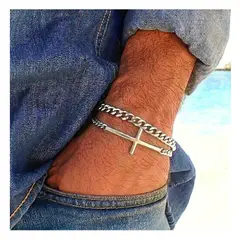 OEM - Pulsera Hombre Cruz + Pulsera Eslabon Mediano Acero Inoxidable Set x 2 - Dia del Padre