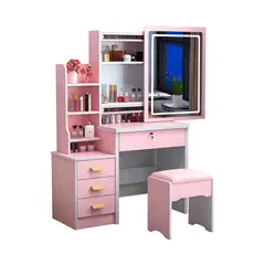 GENERICO - Tocador De Maquillaje Espejo Con Luz LED Taburete Para Dormitorio Rosa II