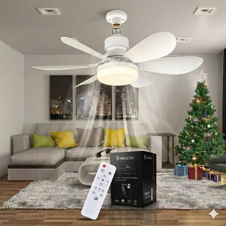 Foco Ventilador Blanco 28W 52CM 3 Colores de Luz C/ Control y Pilas - 6 Aspas