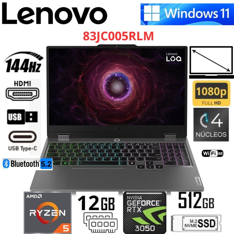 Laptop LOQ 15ARP9 15.6" FHD Ryzen 5 7235HS 12GB RAM 512GB SSD RTX 3050 6GB