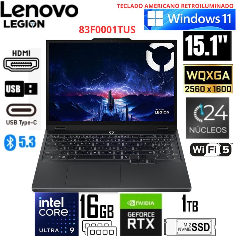 Laptop LEGION 5 INTEL CORE ULTRA 9 275HX 16GB 1TB SSD 15.1"WQXGA RTX5070 83F0001TUS