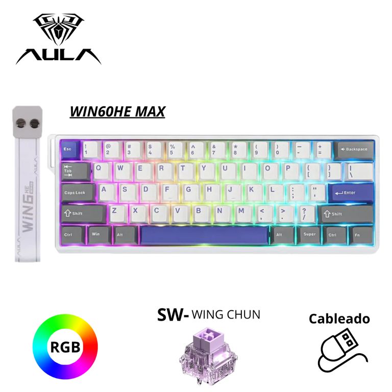 TECLADO MAGNÉTICO WIN60HE MAX INGLES RGB CABLEADO BLANCO-GRIS-MORADO