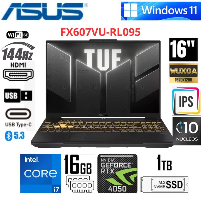 Laptop Gamer TUF Gaming F16 FX607VU-RL095 16" WUXGA Core i7-13620H 16GB RAM 1TB SSD RTX 4050 6GB Gris