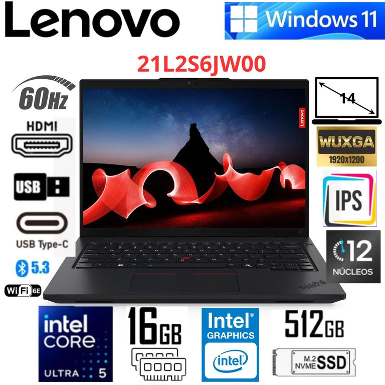 Laptop ThinkPad L14 Gen 5 14" WUXGA Core Ultra 5 135U 16GB RAM 512GB SSD Negro
