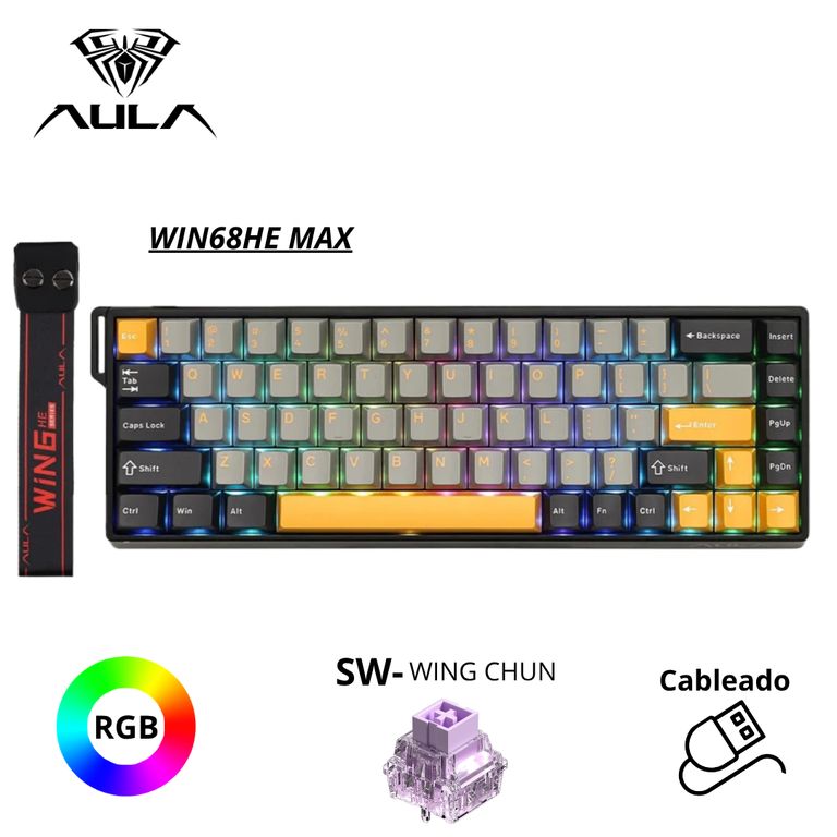 TECLADO MAGNÉTICO WIN68HE MAX INGLES RGB CABLEADO GRIS-NEGRO-AMARILLO