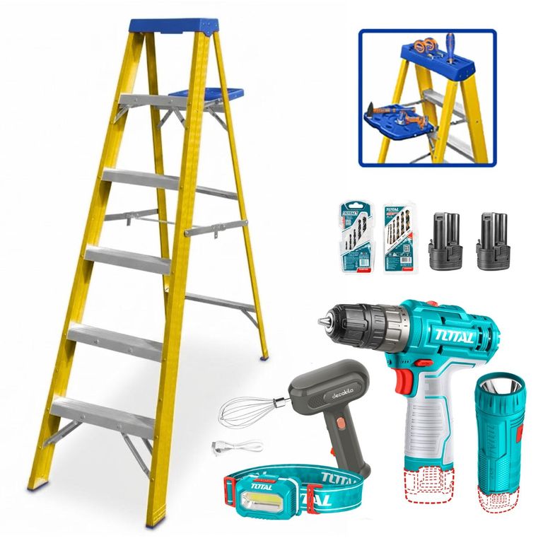 Escalera fibra de vidrio 5 pasos Wadfow + Taladro y linterna