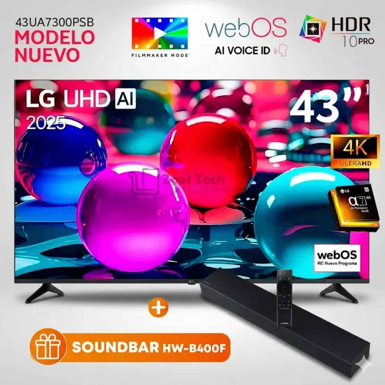 Televisor 43 Pulg Ultra HD 4K AI ThinQ 43UA7300PSB Modelo 2025 + Soundbar Samsung HW-B400F