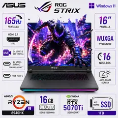 ASUS - Laptop Gamer ROG Strix G16 16", Ryzen 9 8940HX, 16GB RAM, 1TB SSD, RTX 5070 Ti 12GB, Windows 11