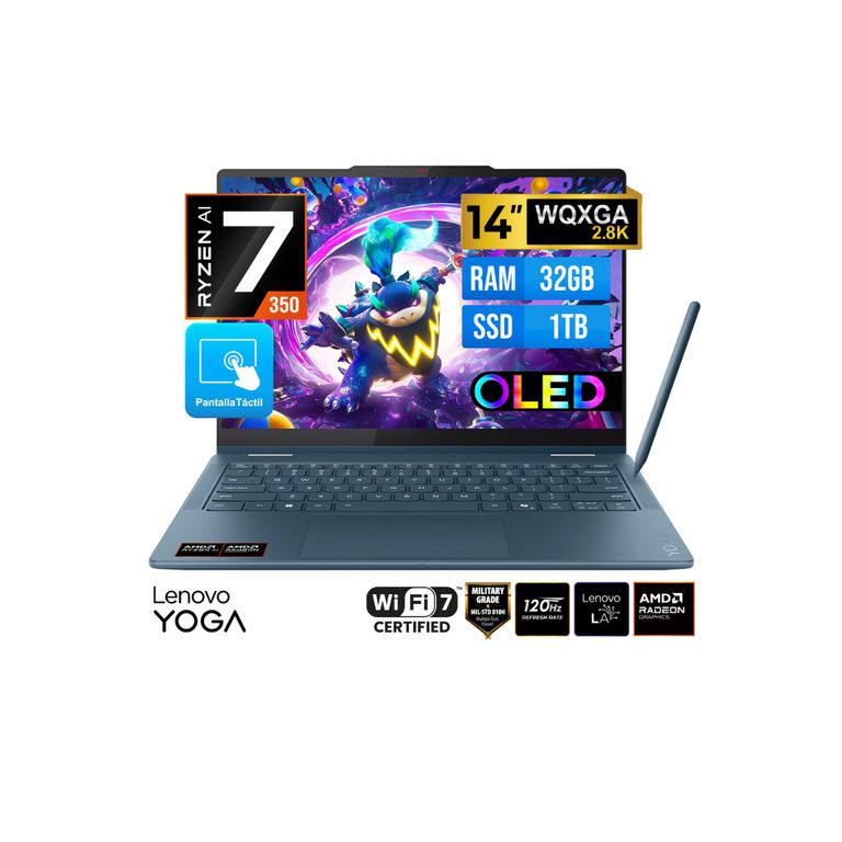 LAPTOP YOGA 7 2-En-1 14" WQXGA+ OLED TACTIL RYZEN AI 7 350 RAM 32GB Disco 1TB SSD FreeDOS