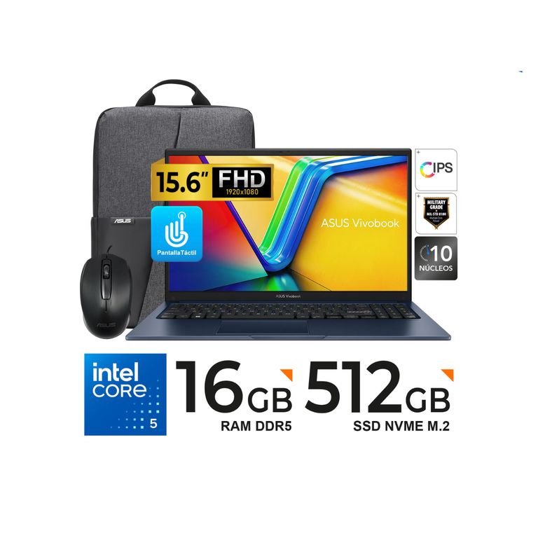LAPTOP VIVOBOOK 15 15.6" FHD IPS TACTIL Core 5-120U 16GB 512GB MOCHILA Y MOUSE FreeDOS