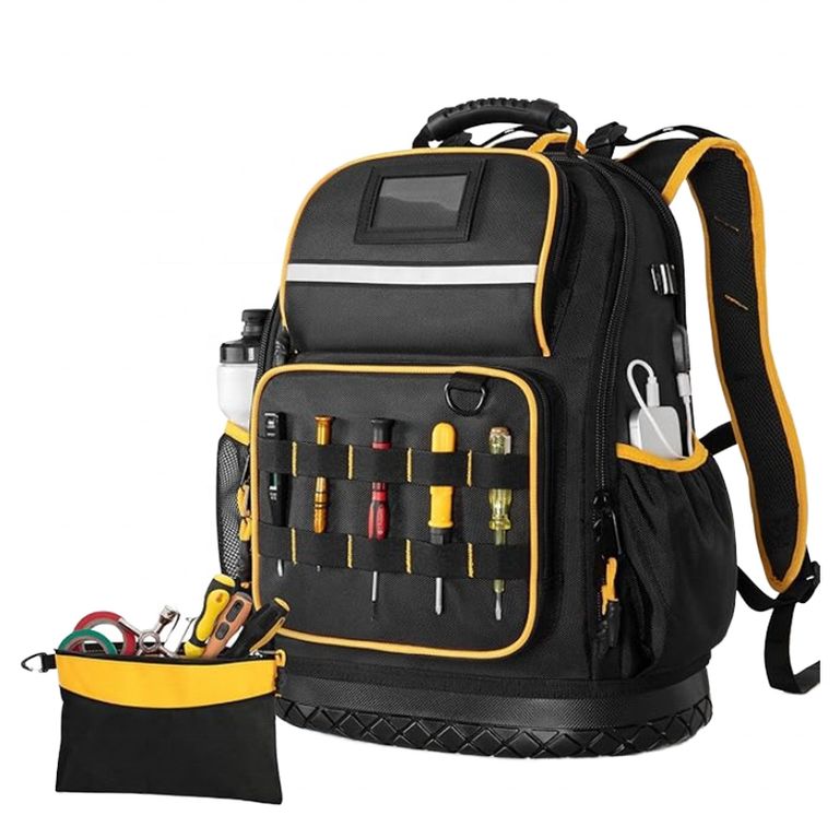 Mochila Para Herramientas Resistente Multiples Bolsillos Portalaptop USB Base Rígida Construccion
