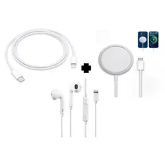 SMART - PACK Cable USB-C a USB-C + Cargador inalambrico + Audifono Lightning