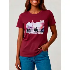 GENERICO - POLO PARA DAMA COLOR VINO CUELLO REDONDO CON DISEÑO PAREJA EN PARÍS