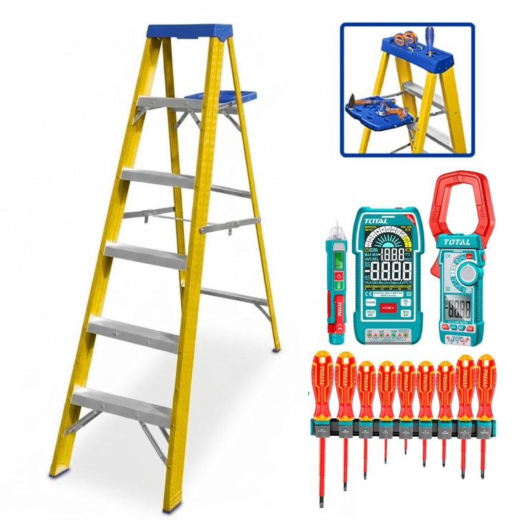 Escalera fibra de vidrio 5 pasos Wadfow + kit electricista Total