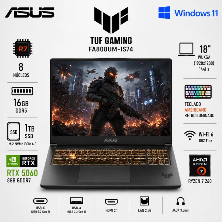 Laptop Gamer TUF A18 FA808UM-IS74 18″ AMD Ryzen 7 260 16GB RAM 1TB SSD RTX 5060 W11