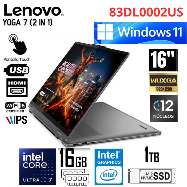 Yoga 7 16IML9 83DL0002US Core Ultra 7-155U, 16GB RAM, 1TB SSD, 16″ WUXGA Táctil, Windows 11