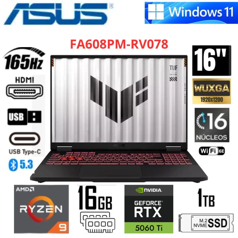 Laptop Gaming TUF Gaming A16 16" WUXGA Ryzen 9 8940HX 16GB RAM 1TB SSD RTX 5060 8GB