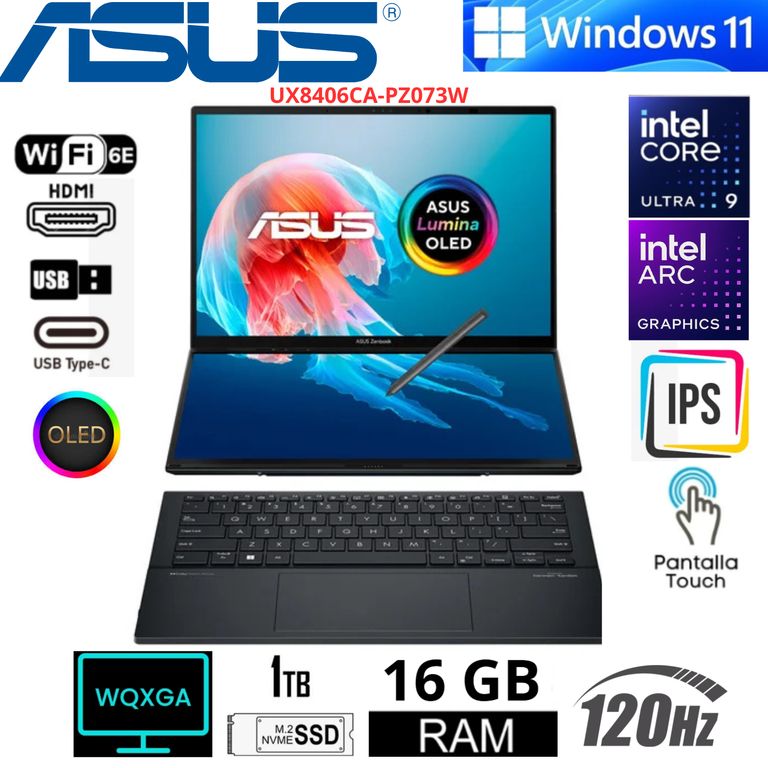 Laptop Zenbook DUO 14″ 3K OLED Touch UX8406CA-PZ073W Intel Core Ultra 9 32GB RAM 1TB SSD Gris W11