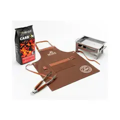 MR GRILL - Mandil Parrillero Premium Marrón + Pinza BBQ Master + Grill de Mesa + Carbón Max Power