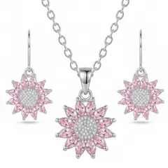 GENERICO - Set Aretes Collar Girasol Circonita Rosa Regalo Novia Plata