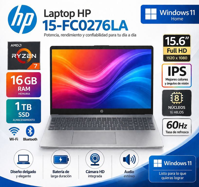 Laptop 15-fc0276la, AMD Ryzen 7, 16 GB, 1 TB SSD, 15.6, FHD Windows 11 Home