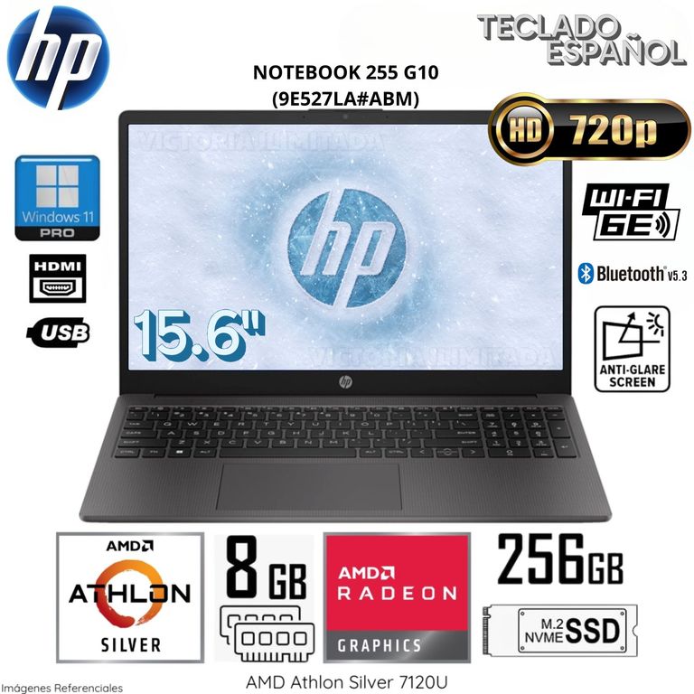 Laptop Notebook 255 G10 AMD Athlon Silver 7-120U 8GB RAM 256GB SSD 15.6" HD Win11 (9E527LA#ABM) Gris