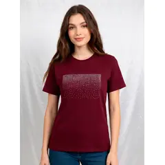 GENERICO - POLO PARA DAMA COLOR VINO CUELLO REDONDO CON DISEÑO CASCADA DE STRASS