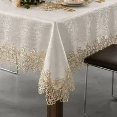 SALA FABULOSA - Mantel prestige + camino bordado incorporado de 6 a 8 sillas rectangular 2.50x1.50 - BEIGE NUDE