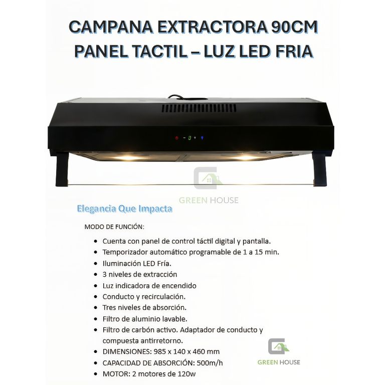 CAMPANA EXTRACTORA 90CM PANEL TACTIL ILLUMINACION LED FRIA