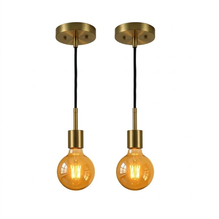 Pack x2 Set Lámparas Colgantes Vintage Oro Canopla D12cm 1.2 Mts+ Foco LED Bola G80 8W Luz Cálida