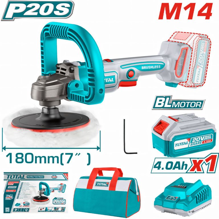 PULIDORA ANGULAR 20V BRUSHLESS 180MM M14 + BATERÍA 4.0AH TAPLI20181