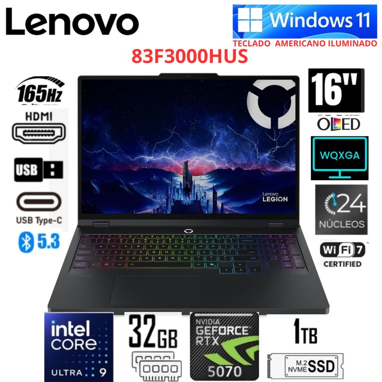 Laptop Legion Pro 5i 16" OLED Intel Core Ultra 9 275HX RTX 5070 32GB RAM 1TB SSD 83F3000HUS
