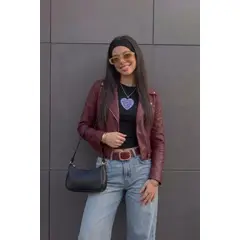 GENERICO - CASACA BIKER DE MUJER CUERINA VINO