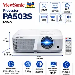 VIEWSONIC - Proyector PA503S 4000 Lúmenes SVGA (800x600) HDMI VGA Blanco