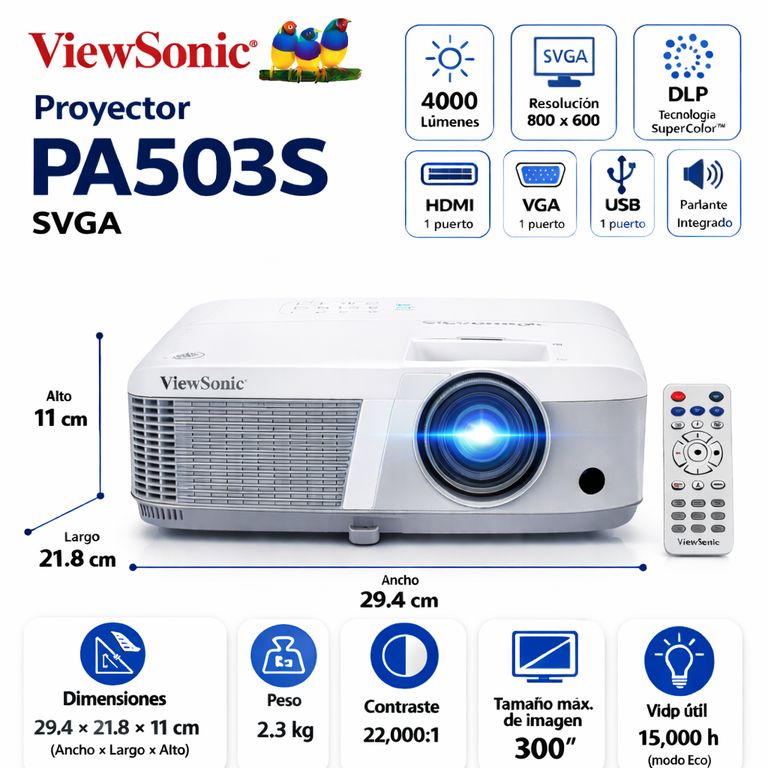 Proyector PA503S 4000 Lúmenes SVGA (800x600) HDMI VGA Blanco