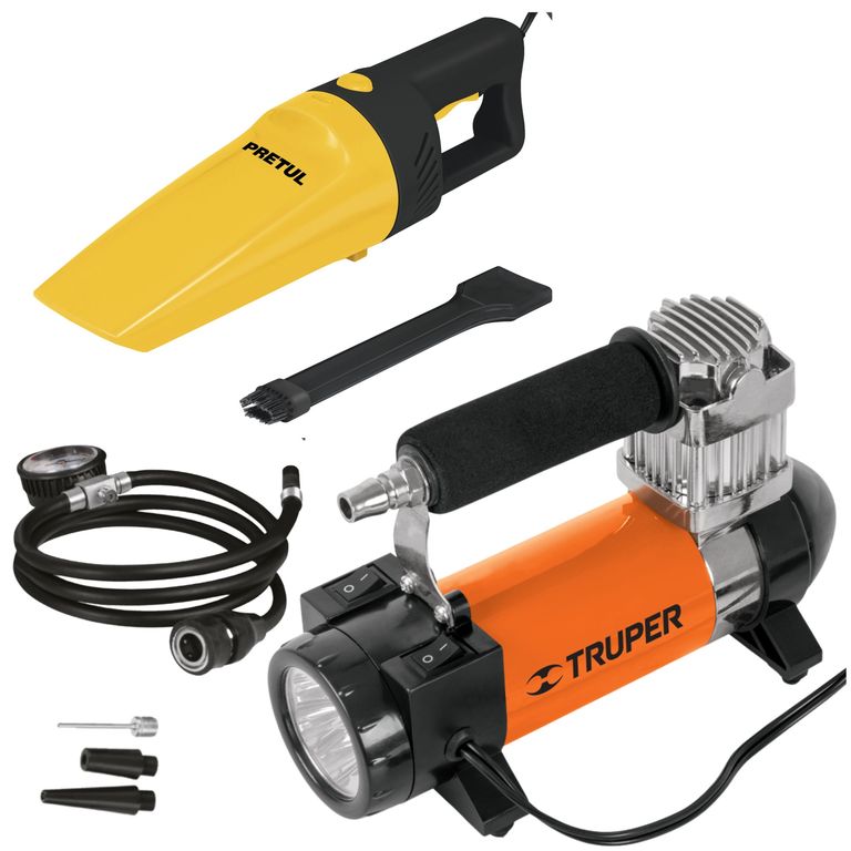 Inflador Compresor de aire con linterna y aspiradora de auto 12V, Kit truper
