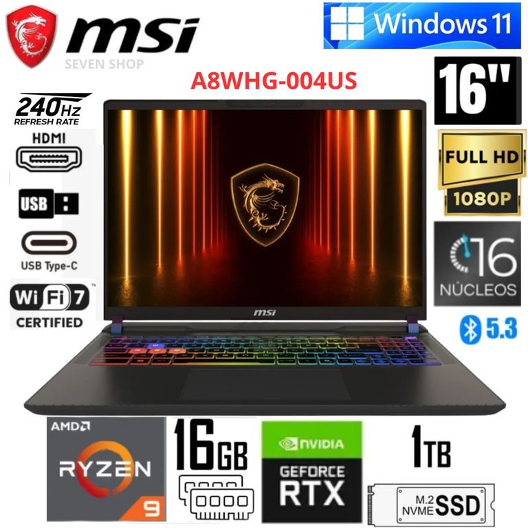 Laptop Gamer Vector A16HX 16" 240hz Ryzen™ 9 8940HX 16GB DDR5 1TB SSD RTX™ 5070 Ti