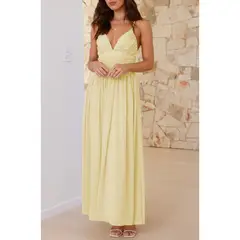 GENERICO - Elegante Vestido Largo de Fiesta Amarillo Pastel - Diseño Romántico y Vaporoso.