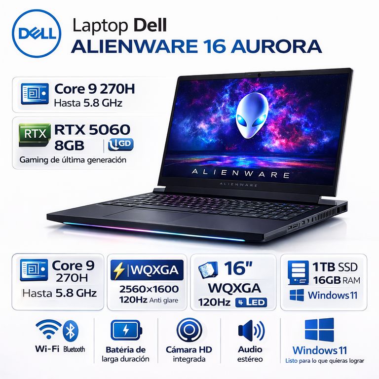 Laptop Alienware 16 Aurora 16″ WQXGA 120Hz Intel Core 9 270H 16GB RAM 1TB SSD RTX 5060 8GB W11