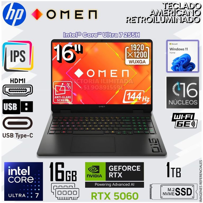Laptop Gamer OMEN 16" 2k 144hz Intel Core Ultra 7 255HX 16GB RAM DDR5 1TB SSD 16-AM0073DX