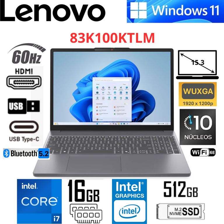Laptop IdeaPad Slim 3 15IRH10 Gris 15.3" WUXGA Intel Core i7-13620H 16GB RAM 512GB SSD