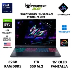 ACER - LAPTOP PREDATOR HELIOS NEO 16S ULTRA 9 275HX 32GB 1TB SSD 12GB RTX5070TI 16" OLED AMERICANA