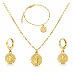 GENERICO - Set San Benito Dorado Acero Inoxidable Collar Aretes Pulsera Ajustable Mujer