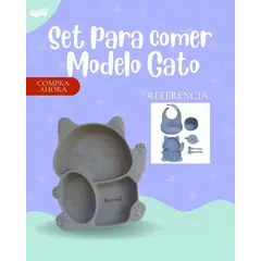 Baby - SET DE BEBÉ PARA COMER - MODELO GATITO COLOR PLOMO - PREMIUN