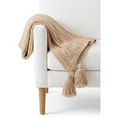 ZALMOHADAS - Manta Trenzas XL Beige Camel con Borlas 180×150 cm