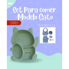 Baby - SET DE BEBÉ PARA COMER - MODELO GATITO COLOR VERDE - PREMIUN