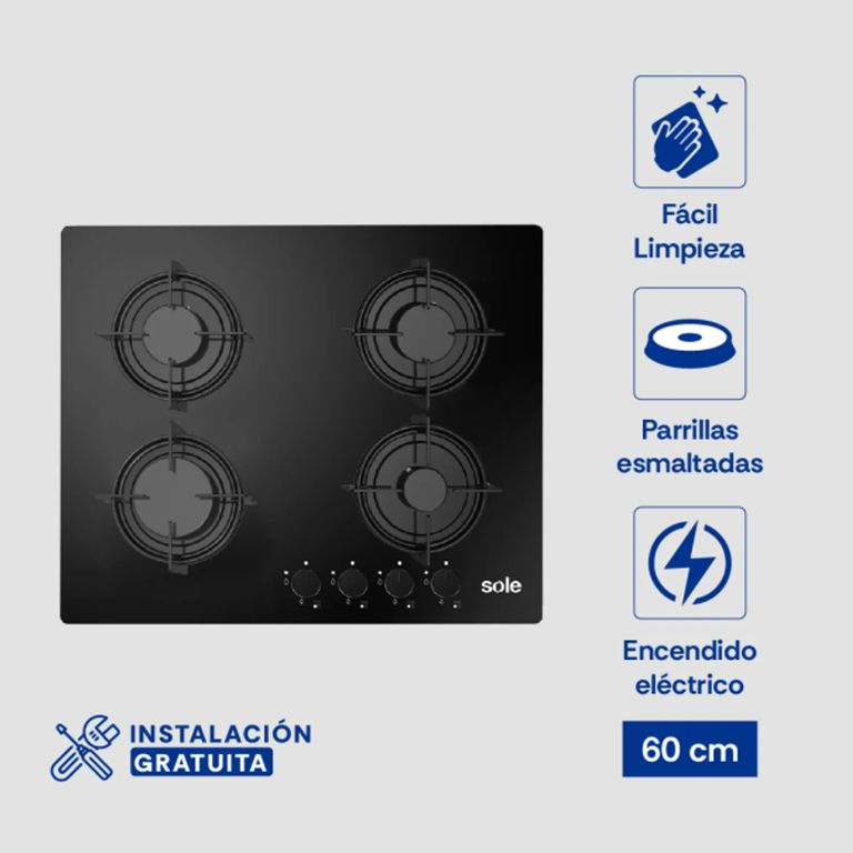 Cocina Empotrable a Gas SOLCO049 4 Hornillas 60 cm - Negro