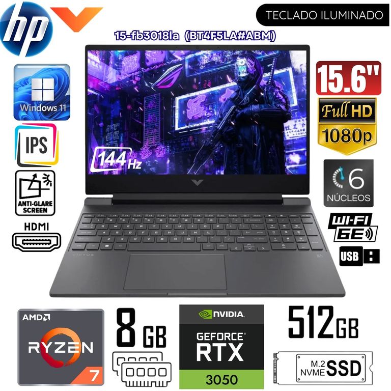 Laptop Victus 15-FB3018LA AMD Ryzen 7 7445H 8GB RAM 512GB SSD RTX 3050 15.6" FHD - 144Hz